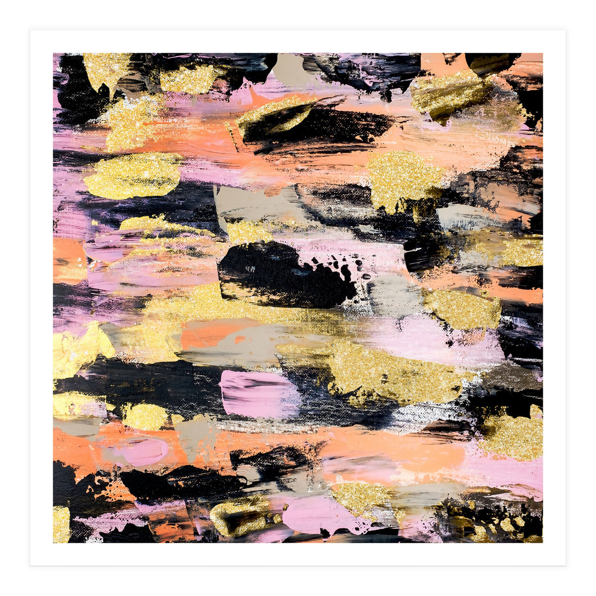 Modern Abstract Black Pink Salmon Gold Acrylic Brushstrokes Paint (Print Only)