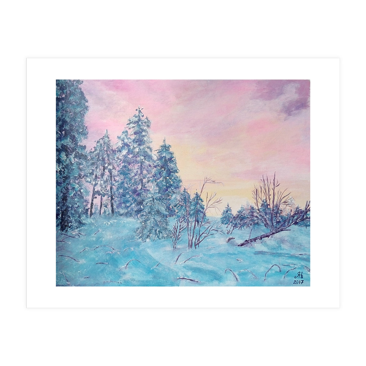 Pink sunrise in the winter forest (Print Only)