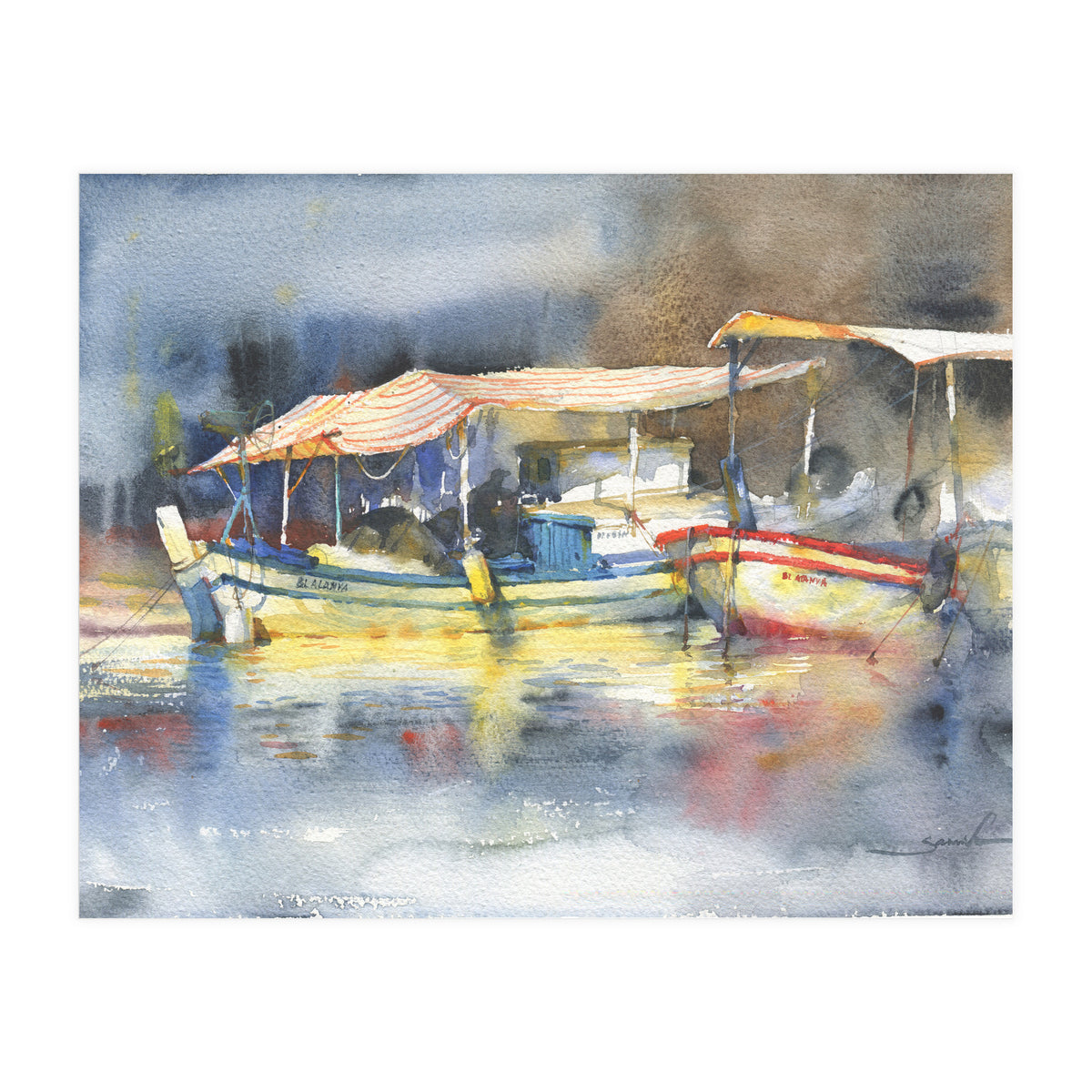 Yachts in the port. Watercolor art (Print Only)