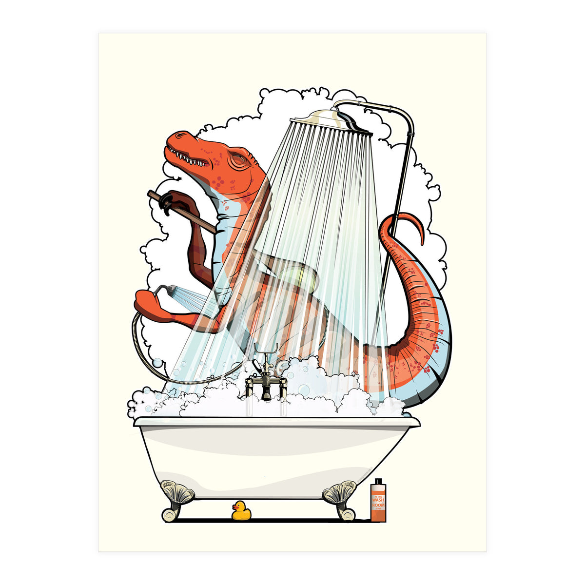 Dinosaur Velociraptor in the Shower, funny bathroom humour (Print Only)