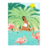 Tropical Summer Water Yoga with Palm & Flamingos | Woman of Color Black Woman Body Positivity (Print Only) thumbnail
