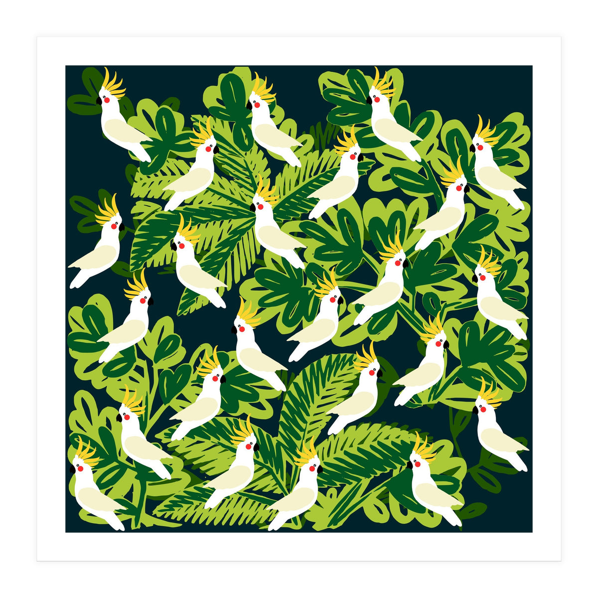 Cute cockatoo and tropical leaves (Print Only)