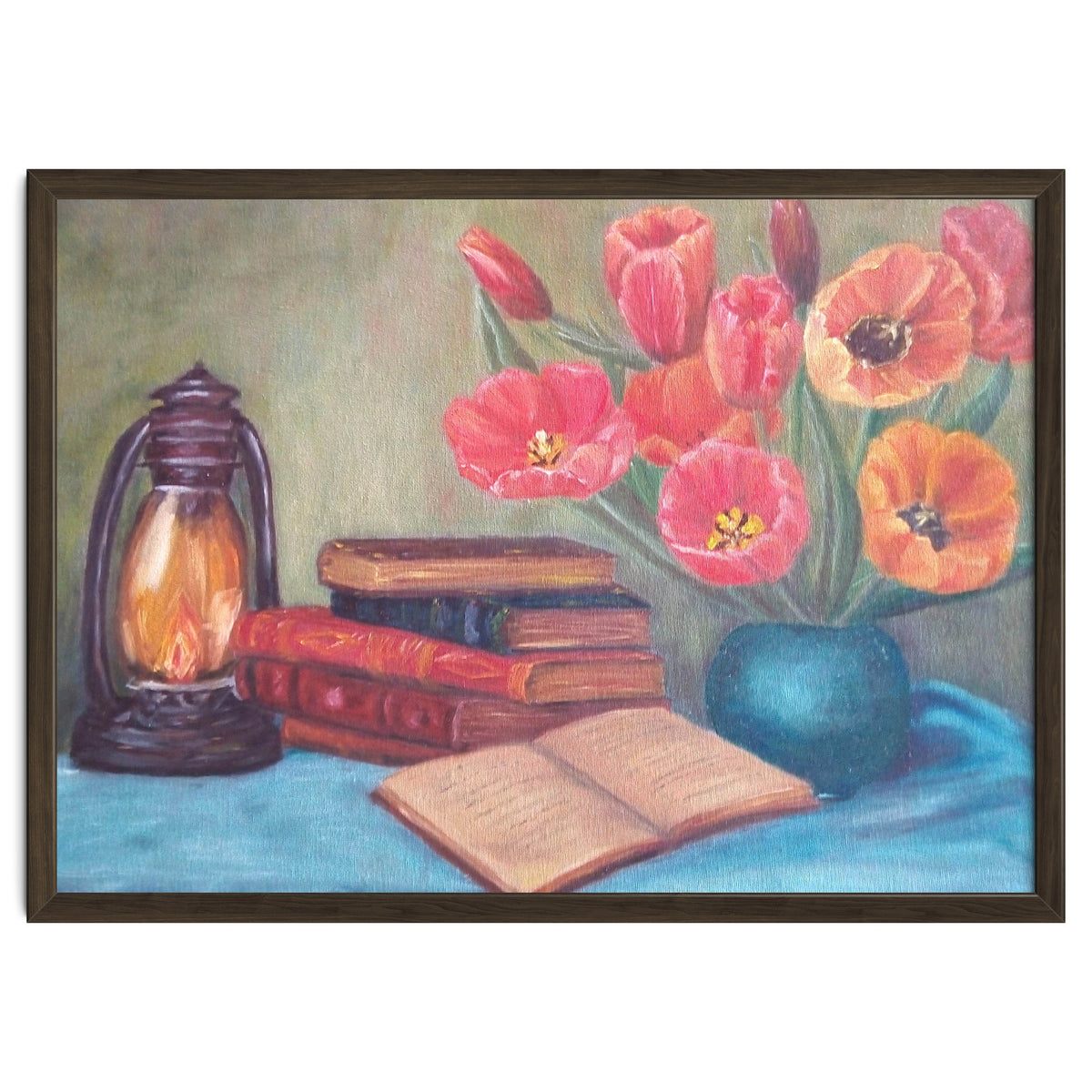 Still life with tulips, books and an old lamp.