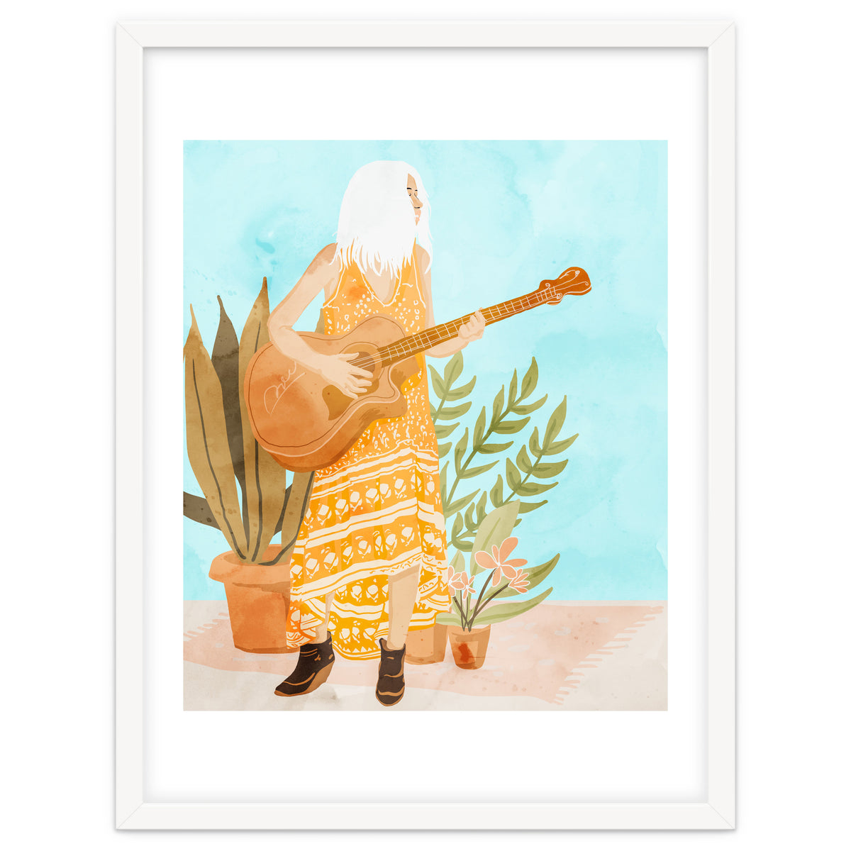 Music Soothes My Soul | Urban Hippie Bohemian Woman Playing the Guitar | Plant Lady Painting