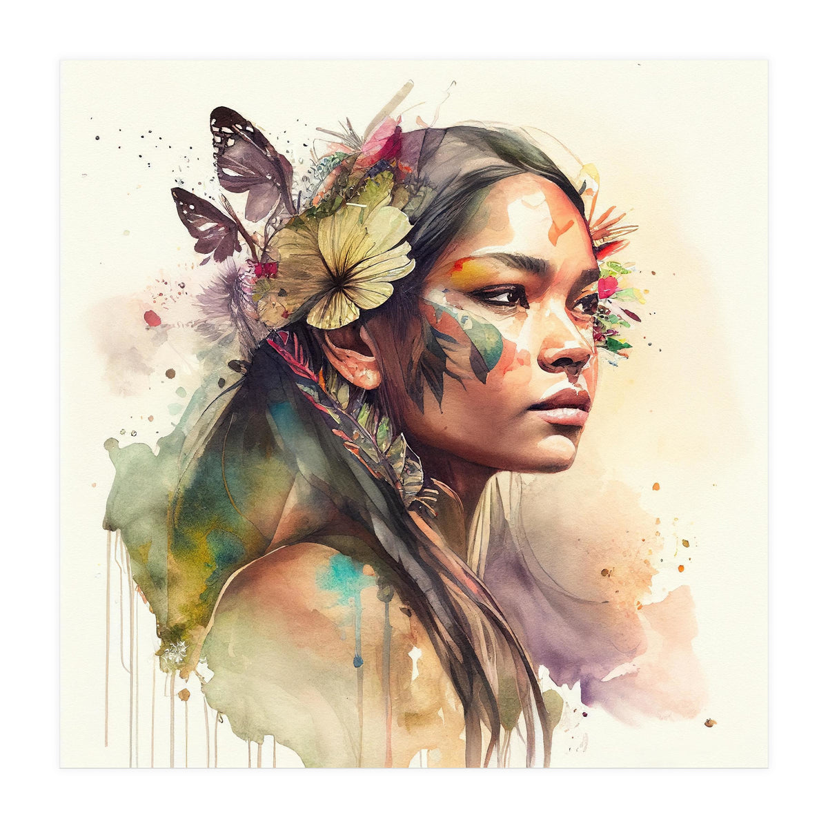 Watercolor Floral Indian Native Woman #2 (Print Only)