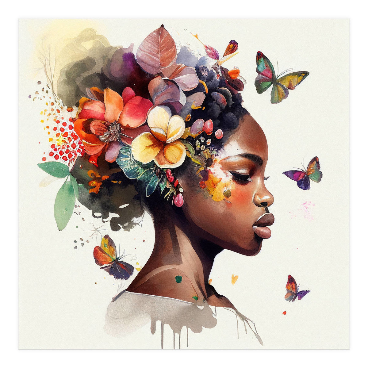 Watercolor Butterfly African Woman #6 (Print Only)