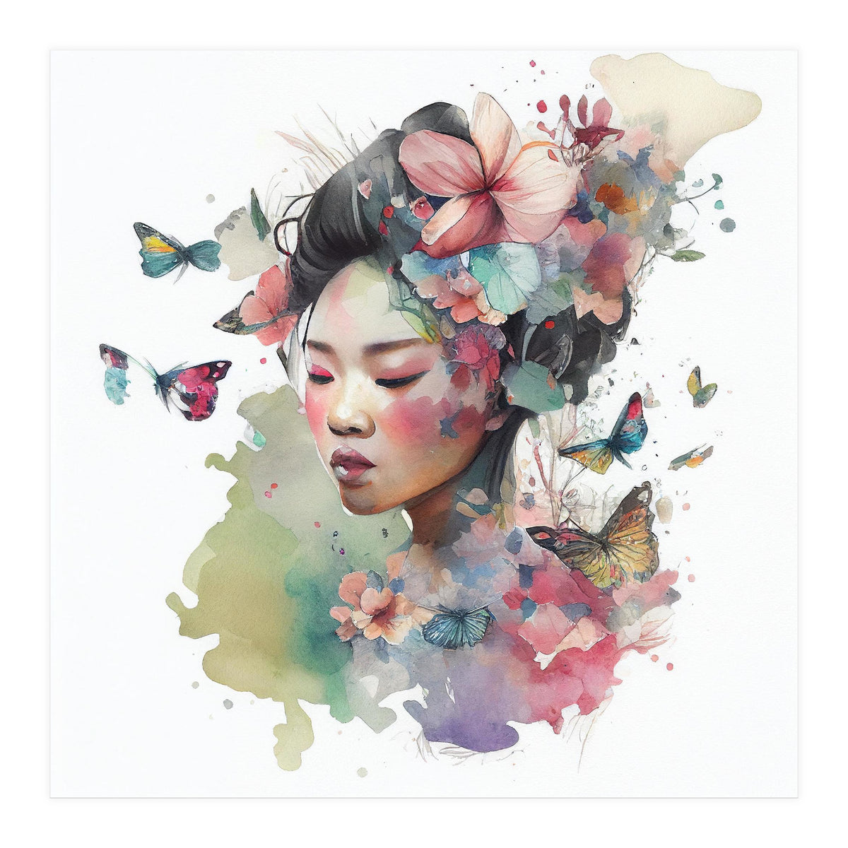 Watercolor Floral Asian Woman #6 (Print Only)