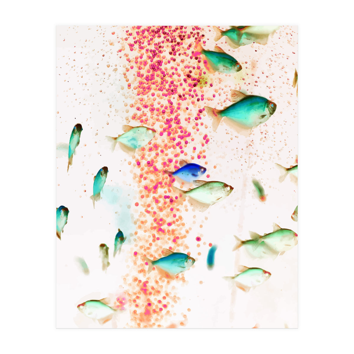 Something Fishy, Pink Bubbles & Blue Green Fish Graphic Design Digital Eclectic Surrealism (Print Only)