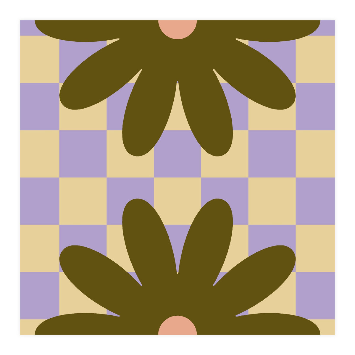 Retro Geometric Simple Flower on Checkerboard (Print Only)