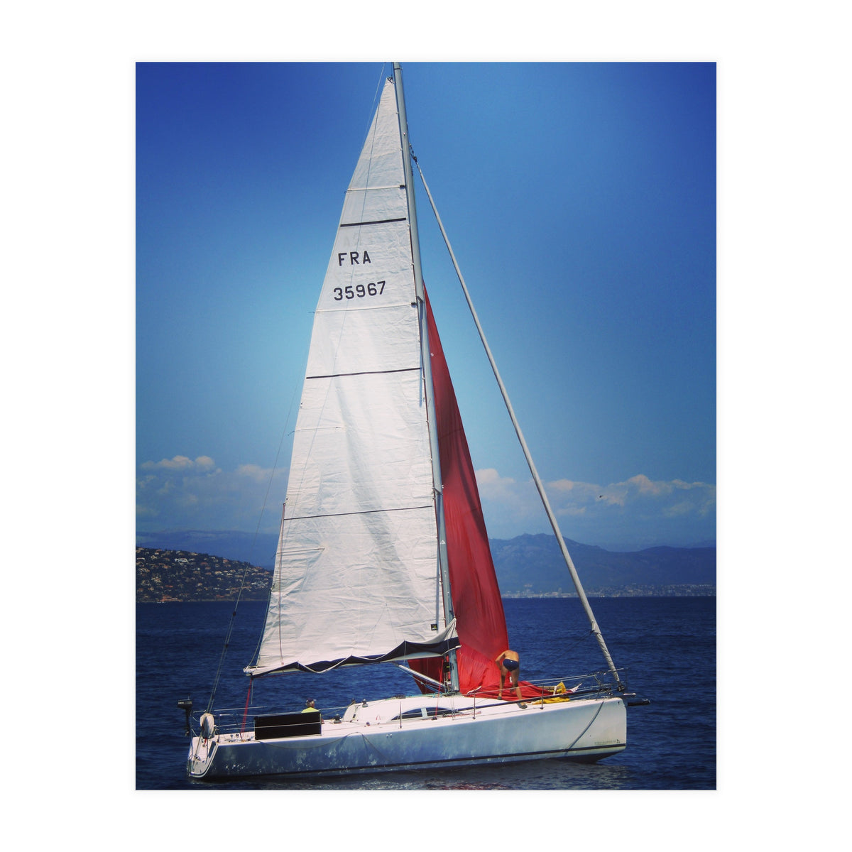 Sailing yacht with white and red sails (Print Only)