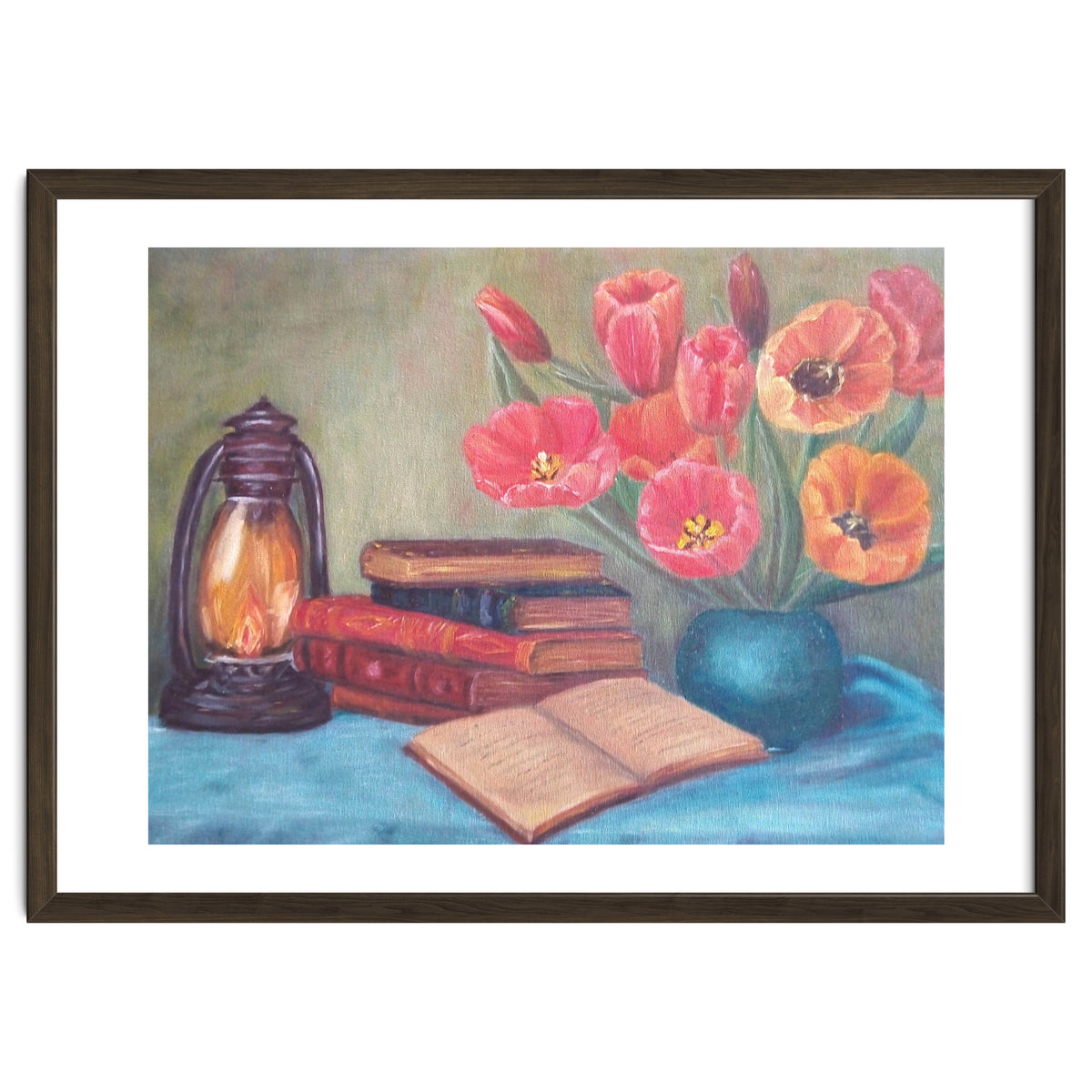 Still life with tulips, books and an old lamp.