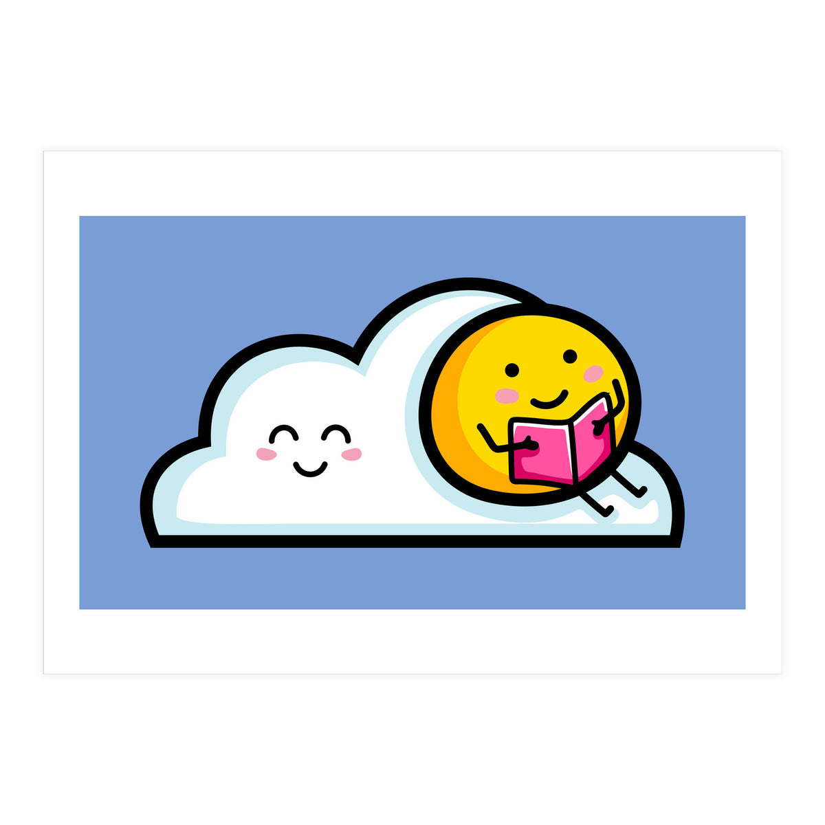 Kawaii Cute Sun Reading A Book On A Cloud (Print Only)