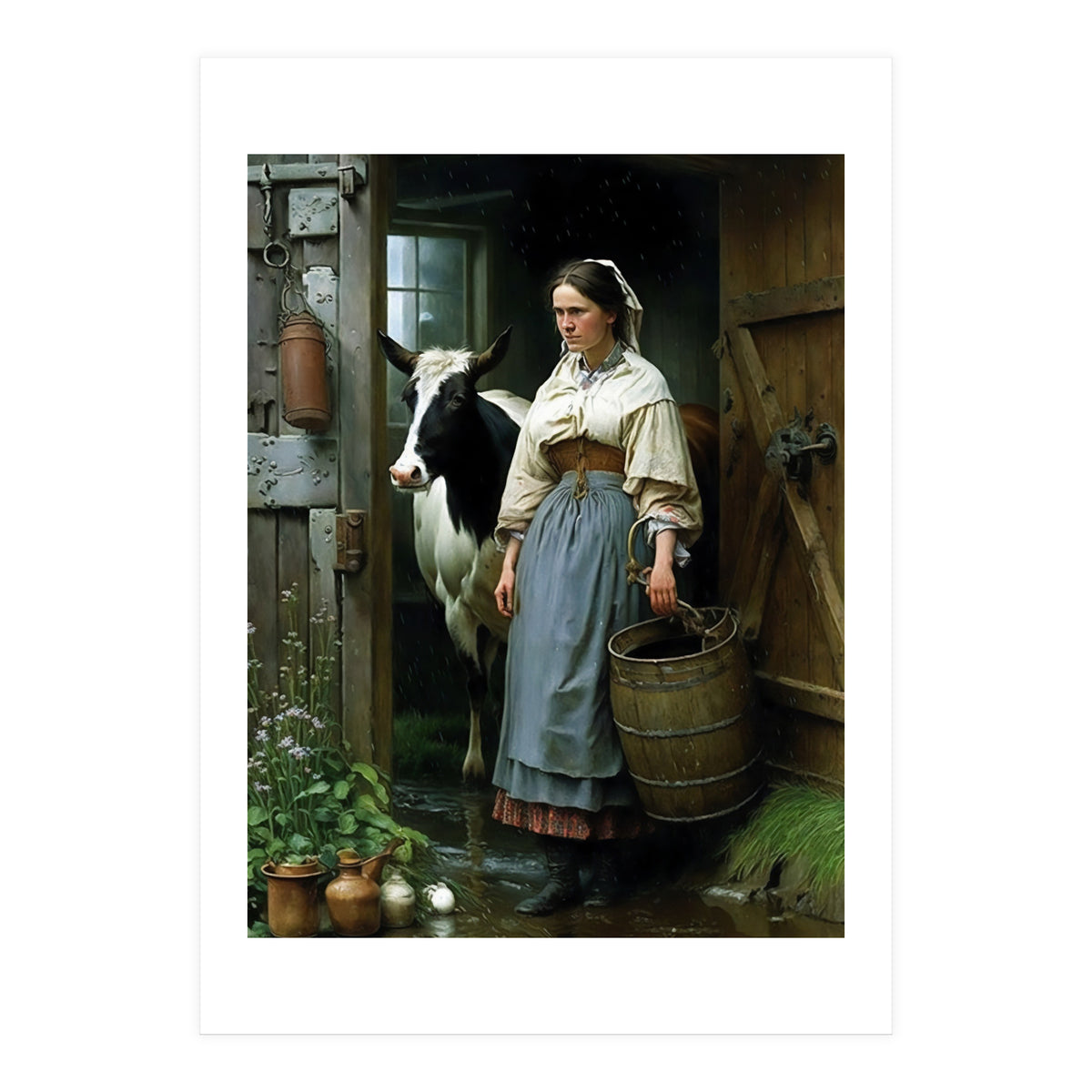 Farm Girl and Cow in Barn Oil Painting (Print Only)