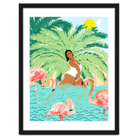 Tropical Summer Water Yoga with Palm & Flamingos | Woman of Color Black Woman Body Positivity