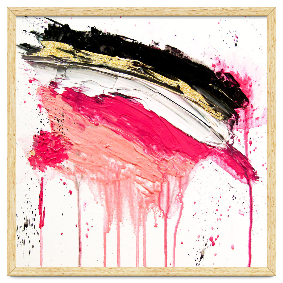Modern Abstract Pink Black Gold Brushstrokes Splatters Acrylic