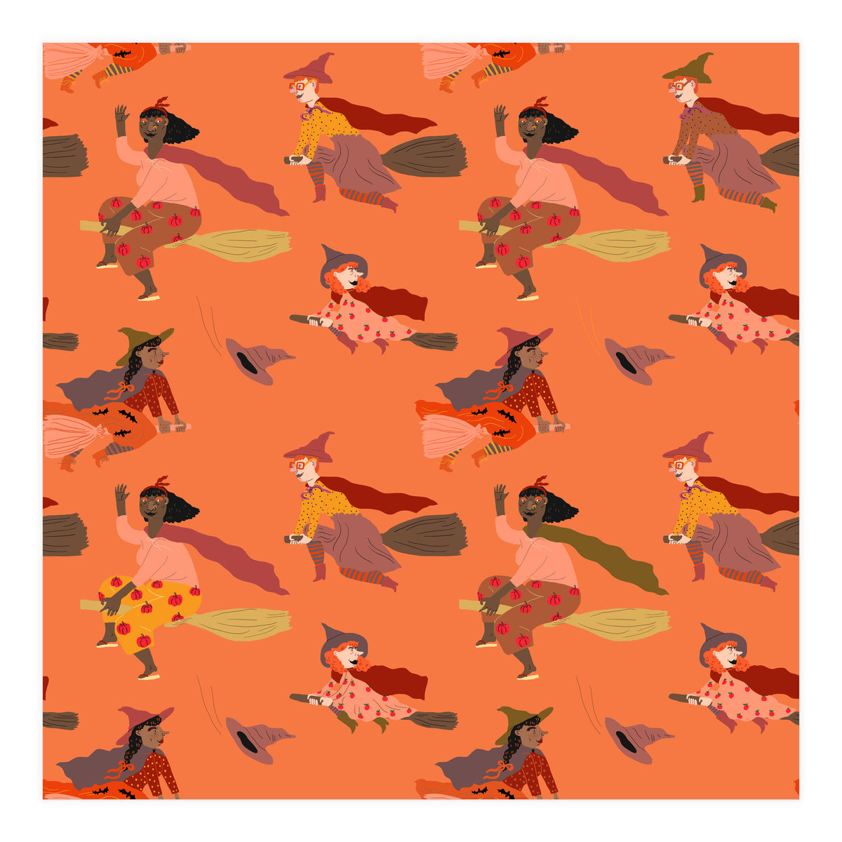 Tiny Witches Pattern (orange Backgrownd) (Print Only)