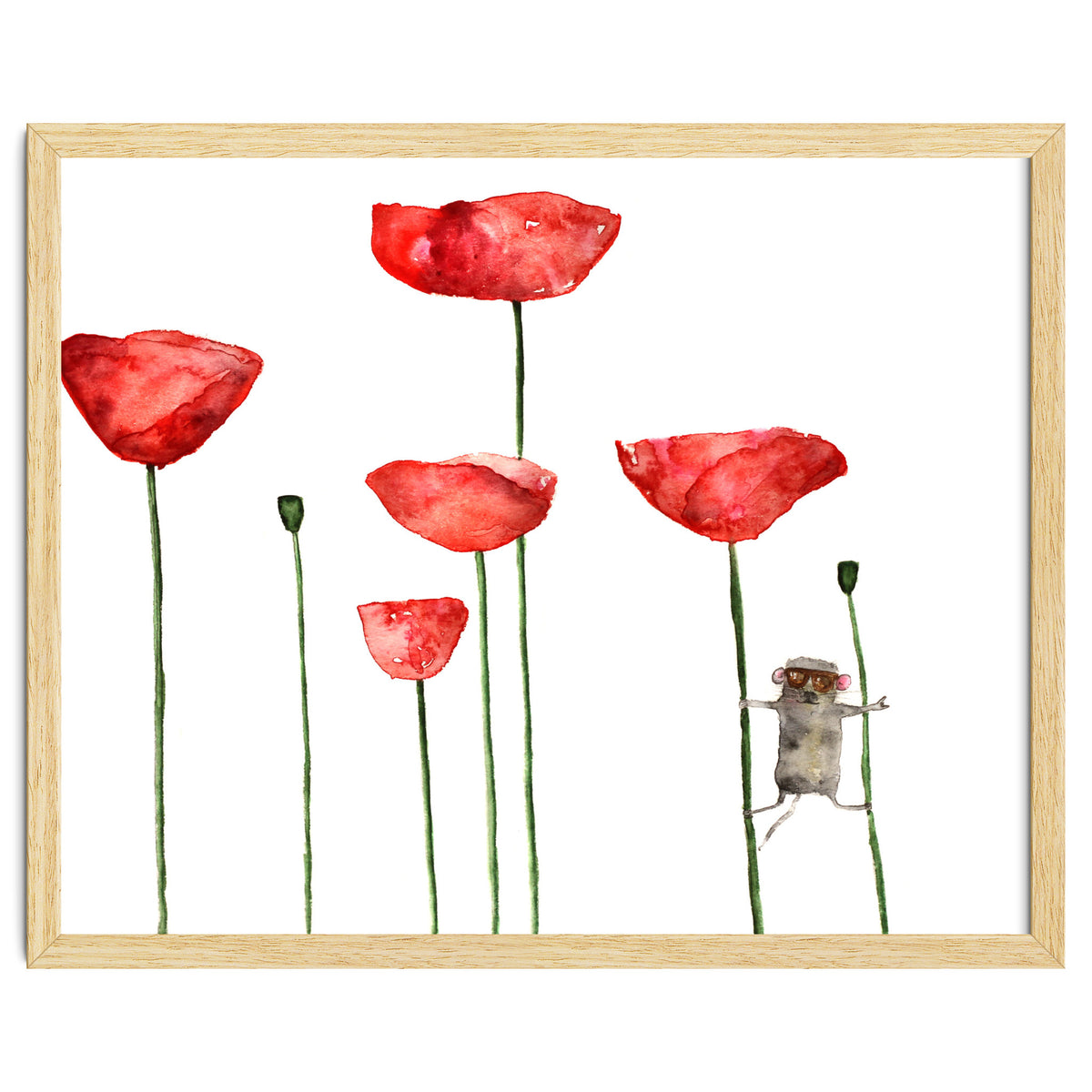 Little mouse loves big poppies || watercolor for nursery