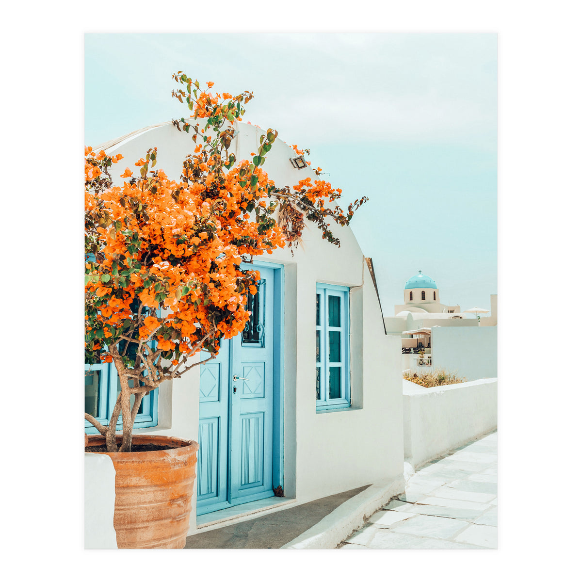 Greece Airbnb, Greece Photography Travel Digital Art, Scenic Landscape Architecture, White Building (Print Only)