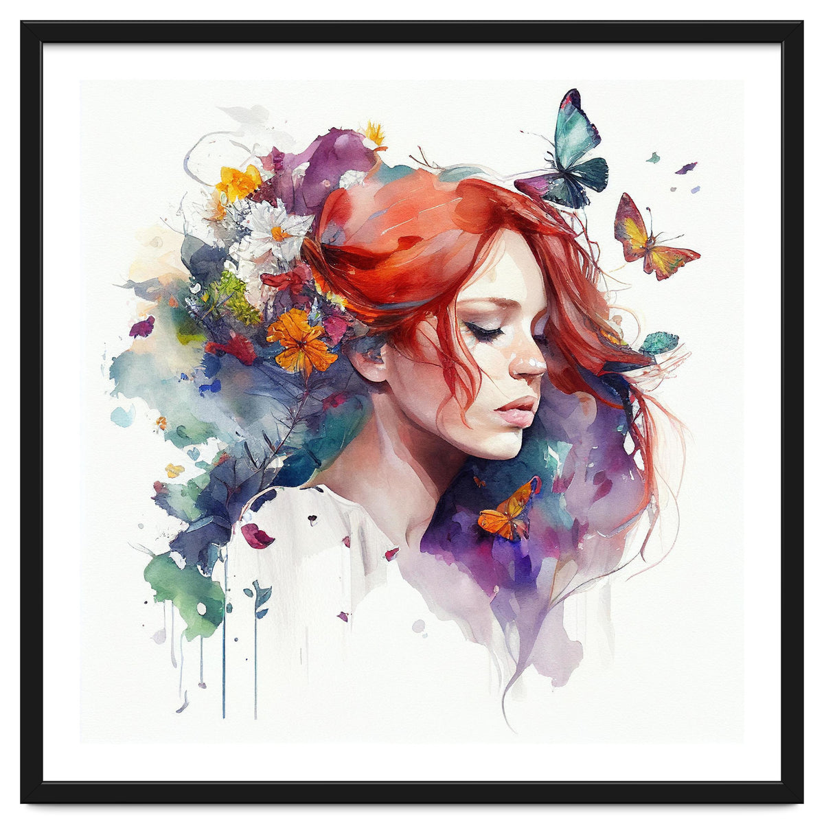 Watercolor Floral Red Hair Woman #1