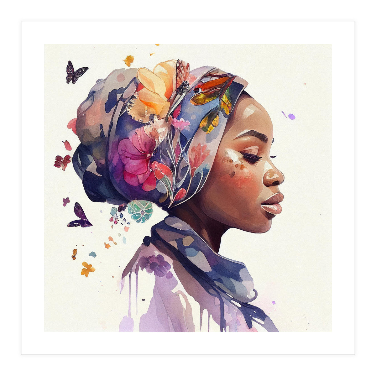 Watercolor Floral Muslim African Woman #1 (Print Only)