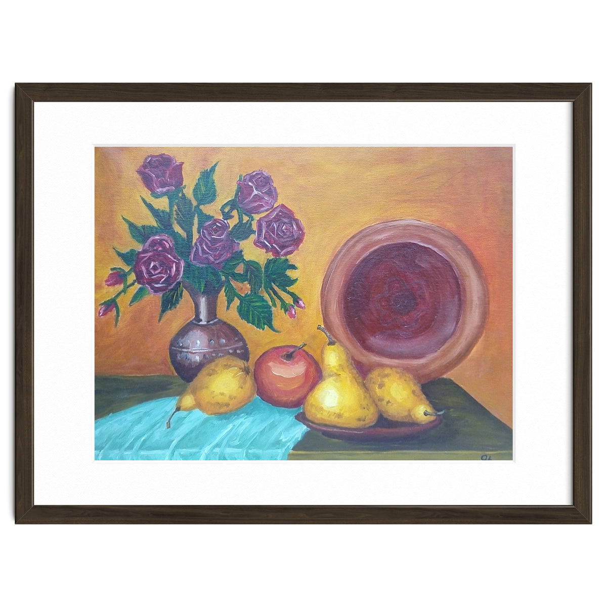 Still life with pears, roses and a dish.