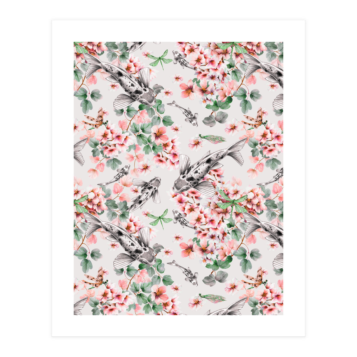 Asian fish among flowers (Print Only)