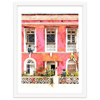 Monkey Business | Watercolor Tropical Goa Architecture Painting | Travel Pastel Pink Blush Building