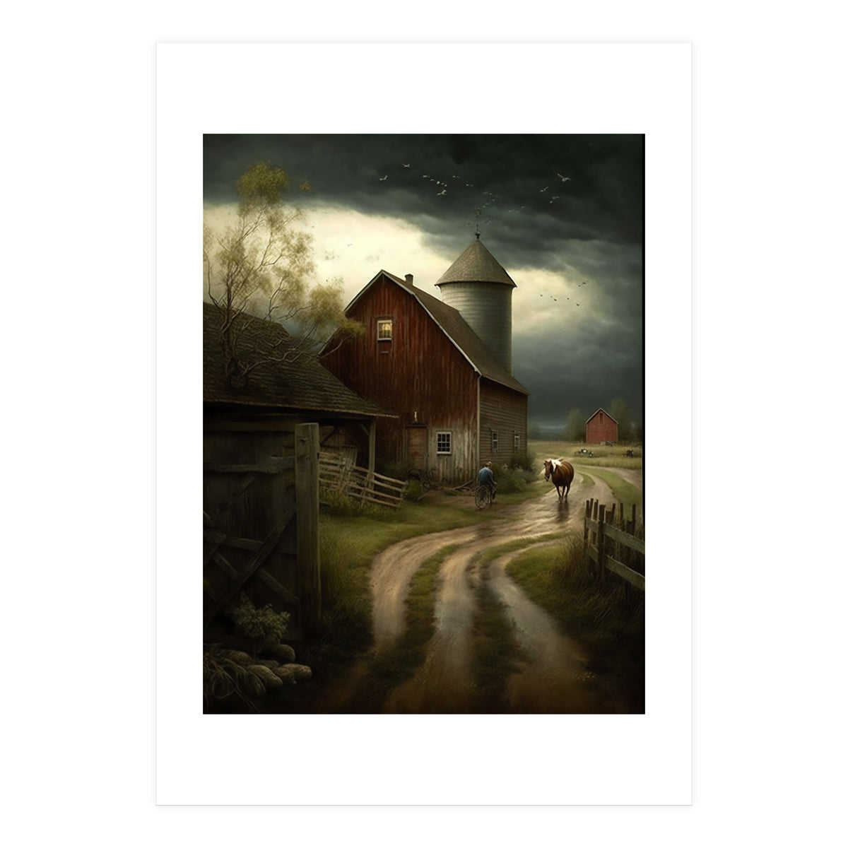 19th Century Farm Scene Oil Painting (Print Only)