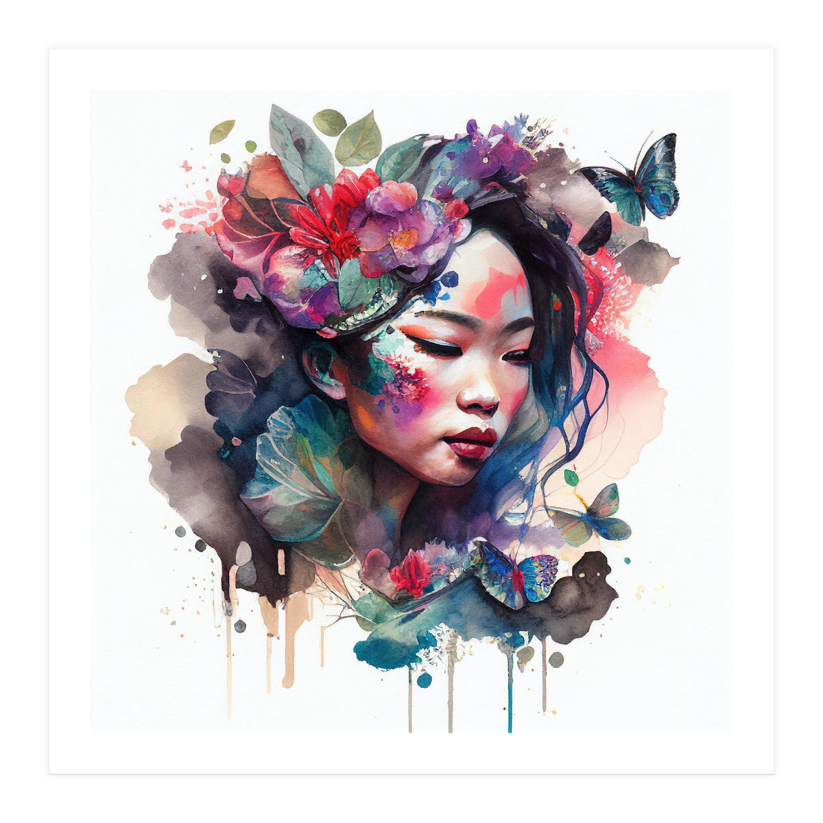 Watercolor Floral Asian Woman #10 (Print Only)