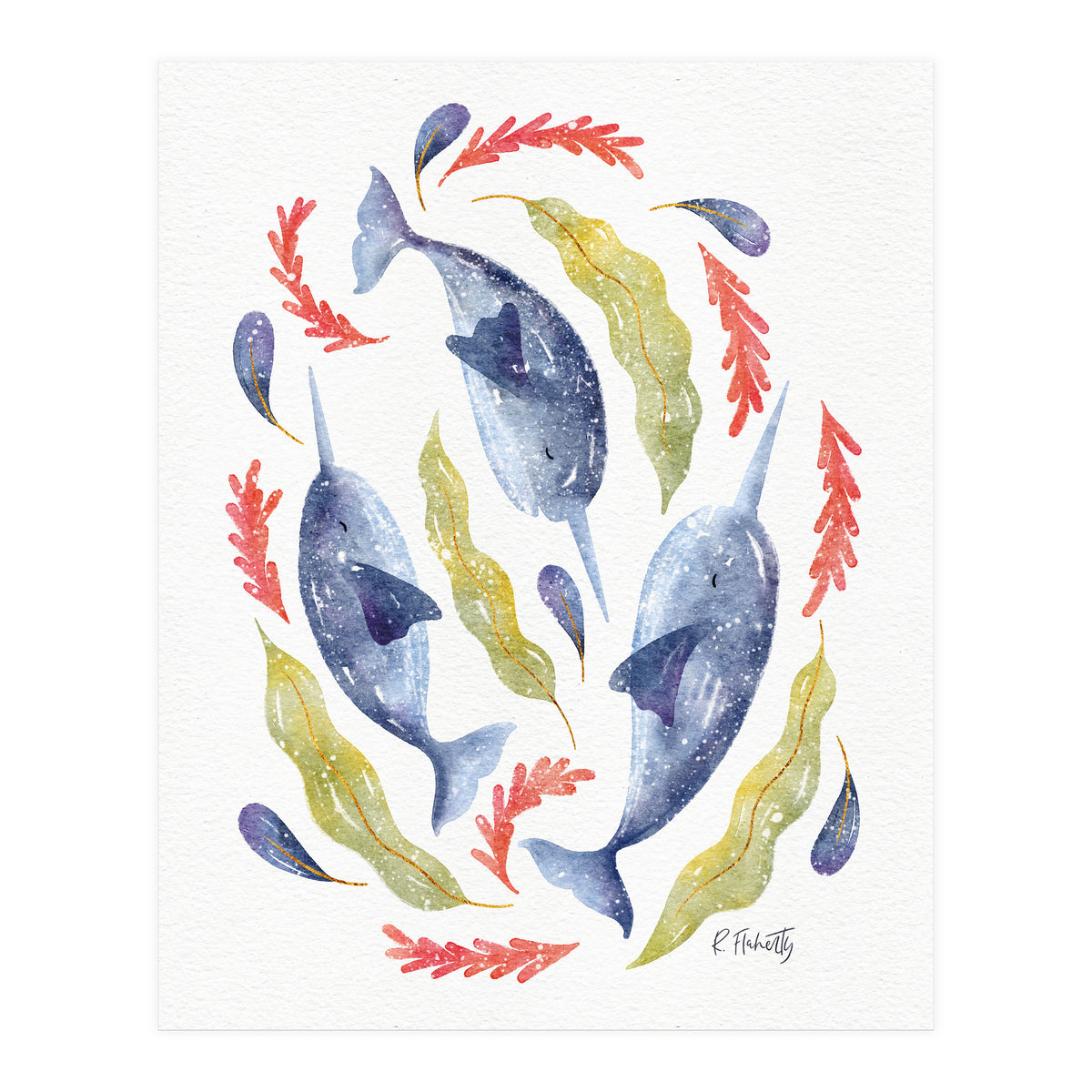 Swirling Narwhals | Blue (Print Only)