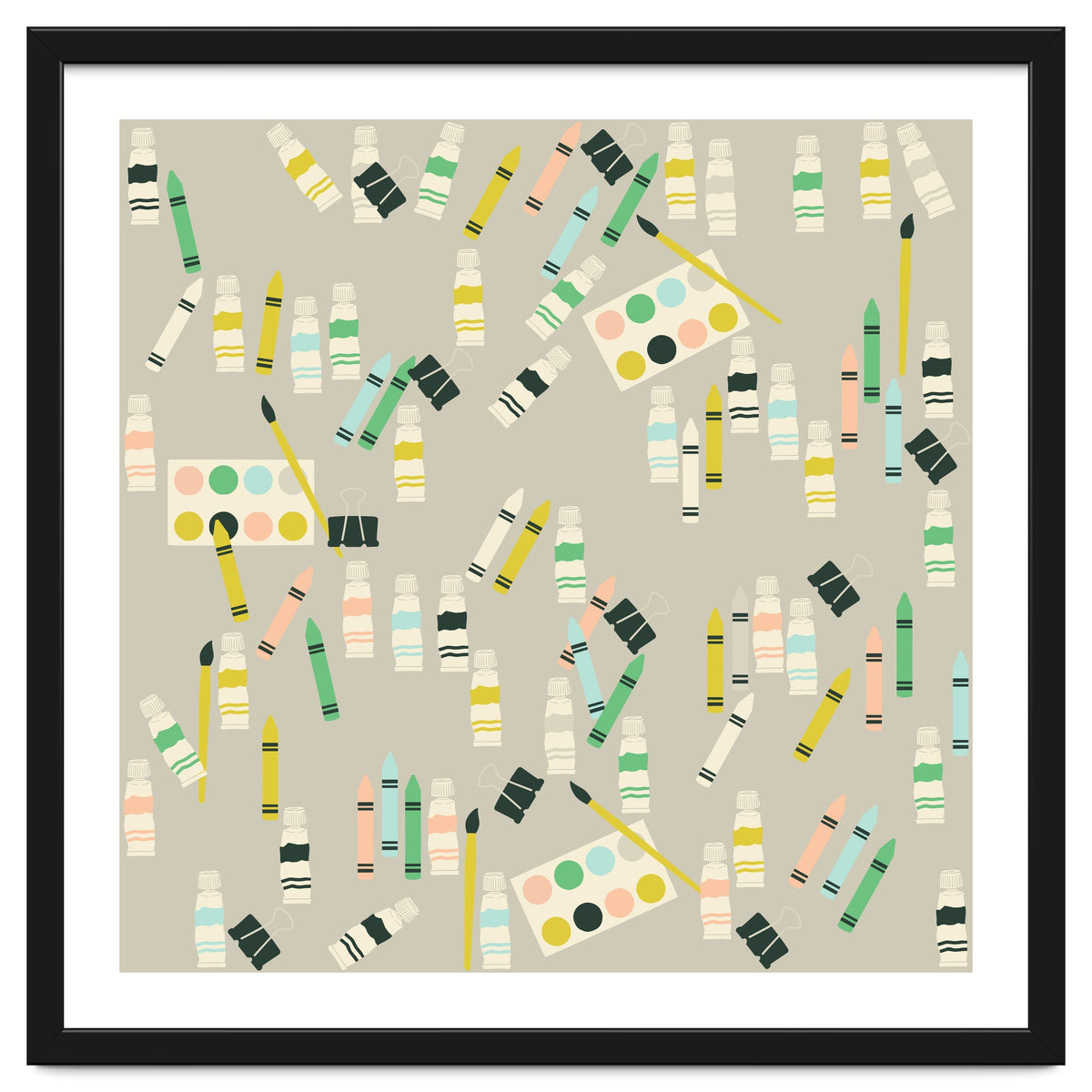 Artist pattern with crayons, watercolors and acrylic paint