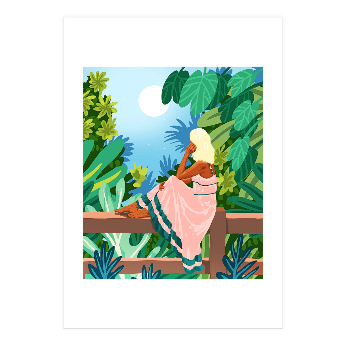 Forest Moon, Bohemian Woman Jungle Nature Tropical Colorful Travel Fashion Illustration (Print Only)