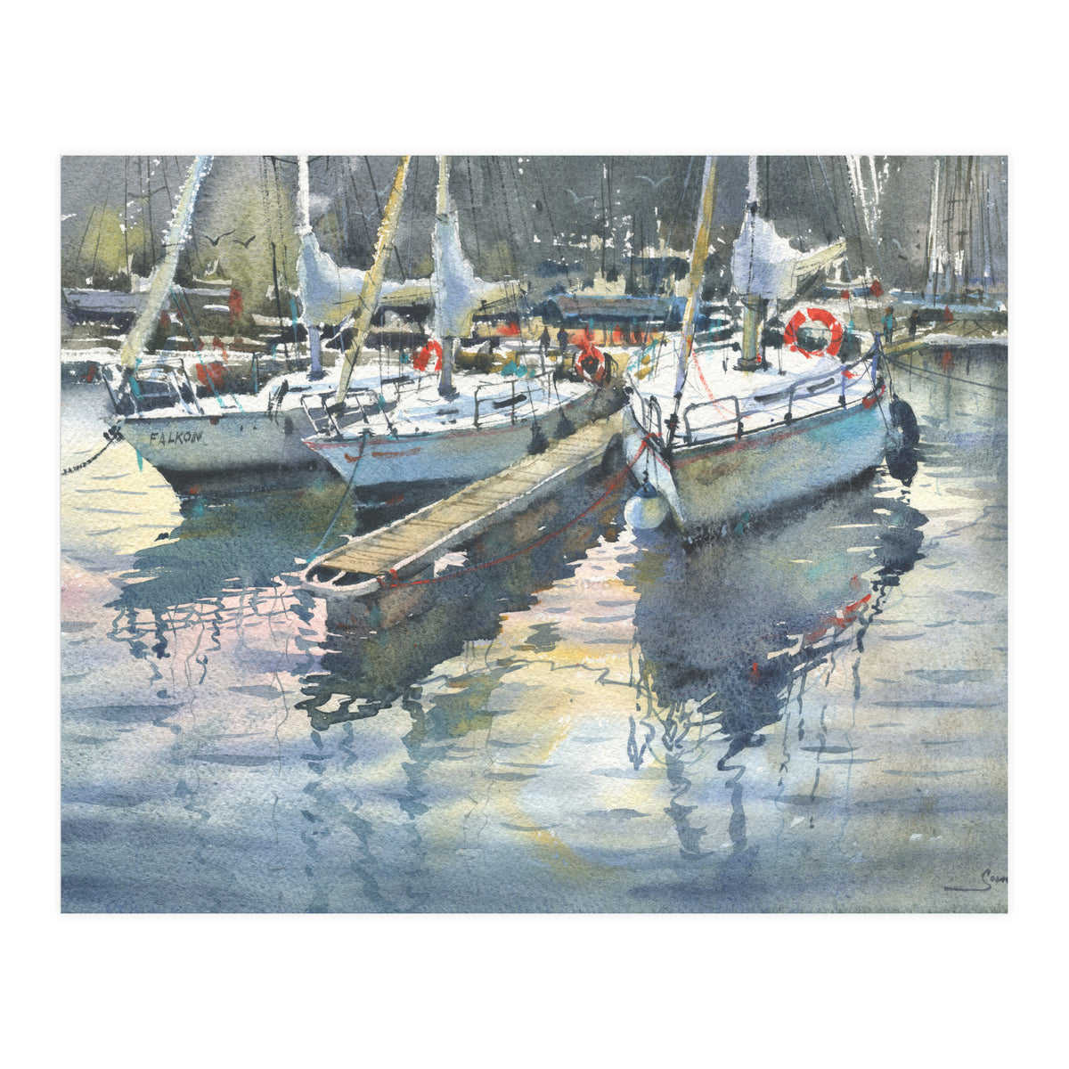 Yachts in the port. Watercolor painting (Print Only)