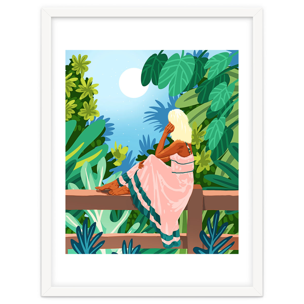 Forest Moon, Bohemian Woman Jungle Nature Tropical Colorful Travel Fashion Illustration