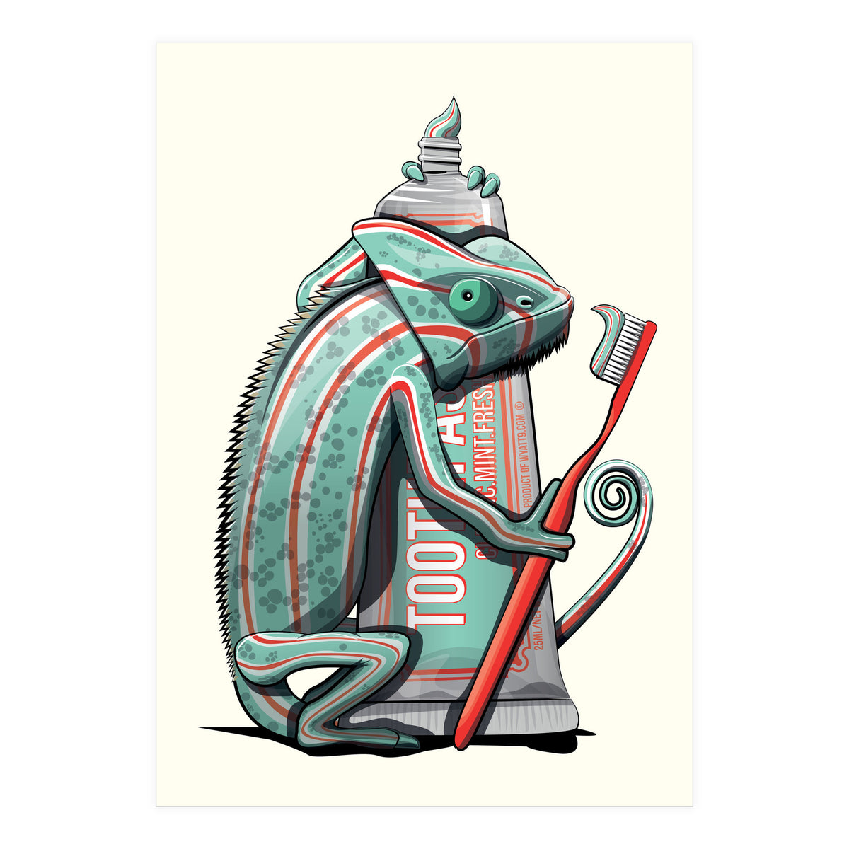 Chameleon Brushing Teeth, Funny Bathroom Humour (Print Only)