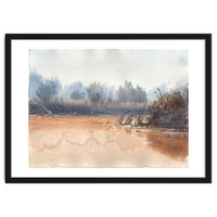 Landscape painting watercolor. Foggy