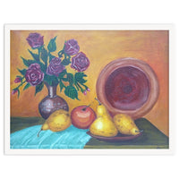 Still life with pears, roses and a dish.