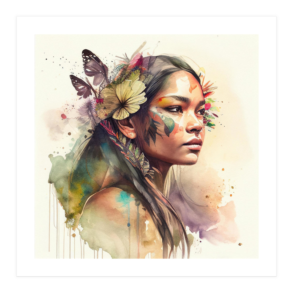 Watercolor Floral Indian Native Woman #2 (Print Only)