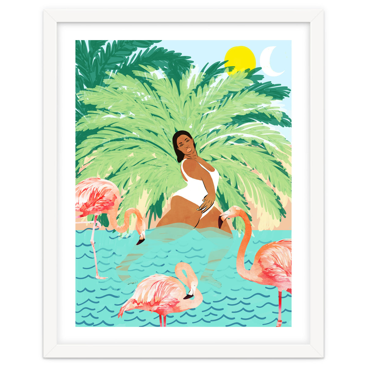 Tropical Summer Water Yoga with Palm & Flamingos | Woman of Color Black Woman Body Positivity
