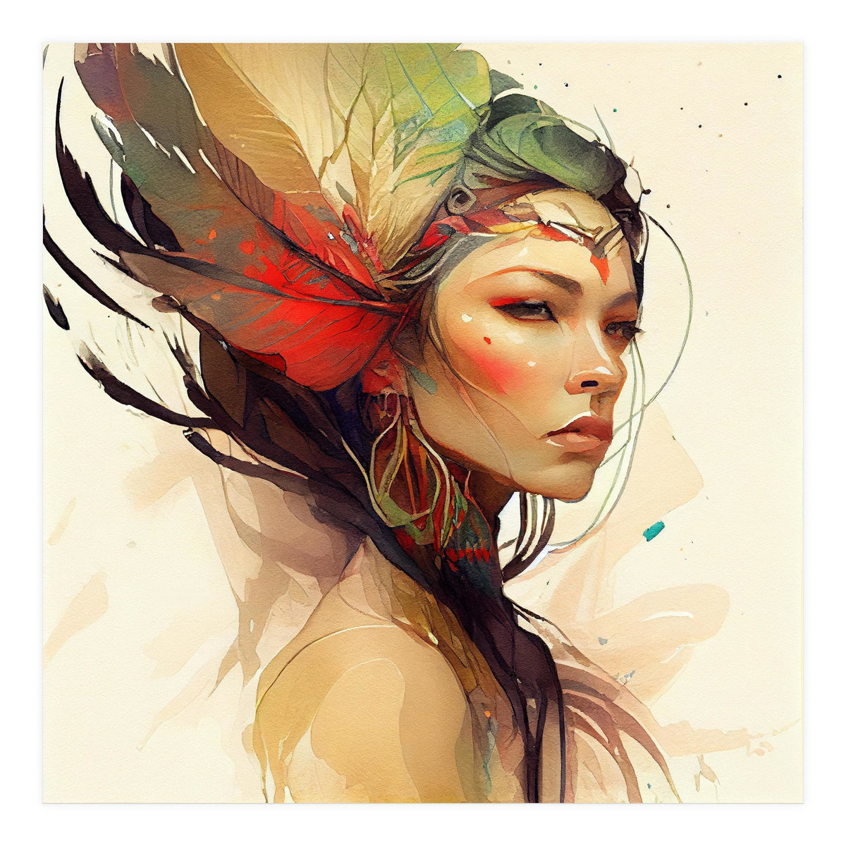 Watercolor Floral Indian Native Woman #14 (Print Only)