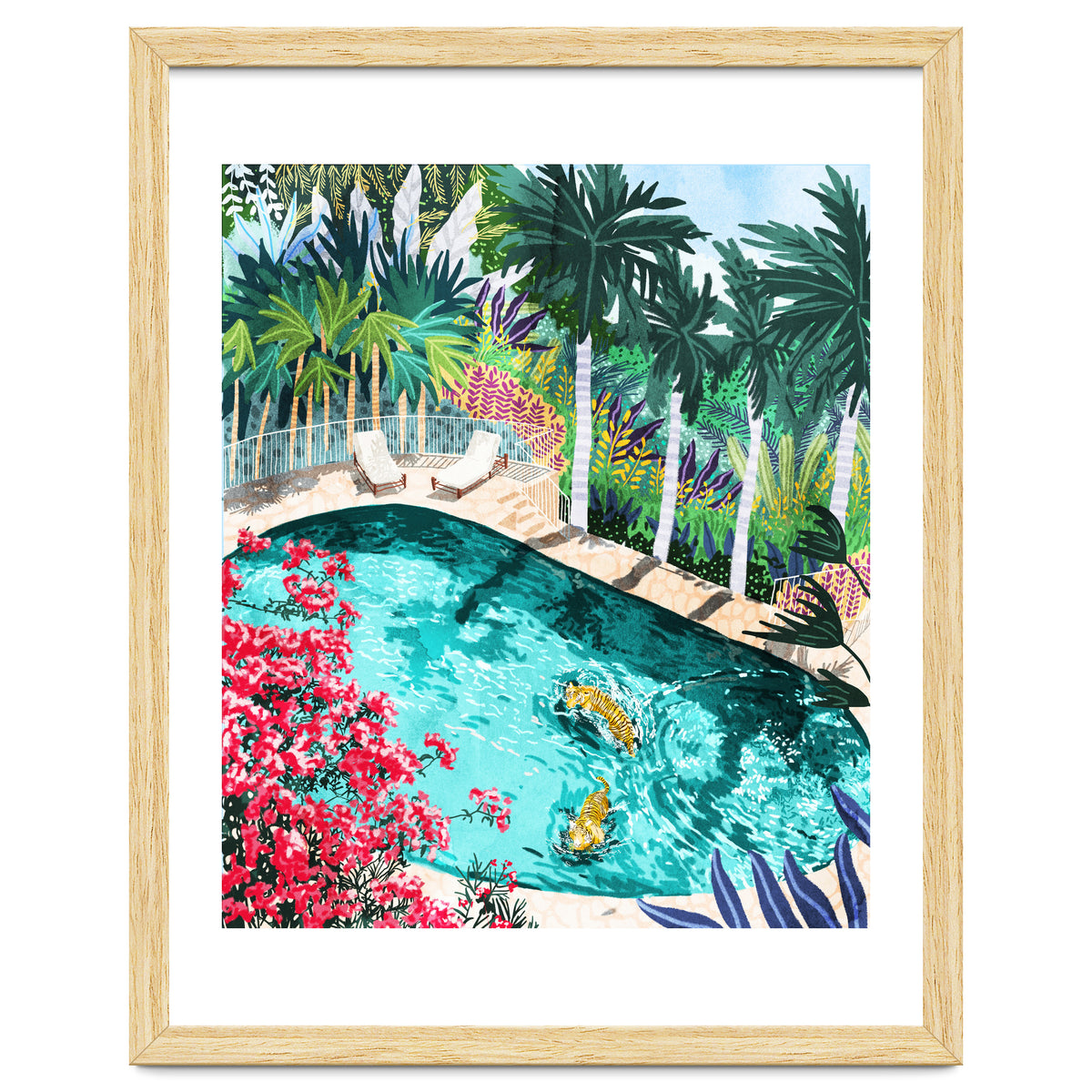 Luxury Tiger Villa illustration, Architecture Travel Nature Painting, Hotel Landscape Garden