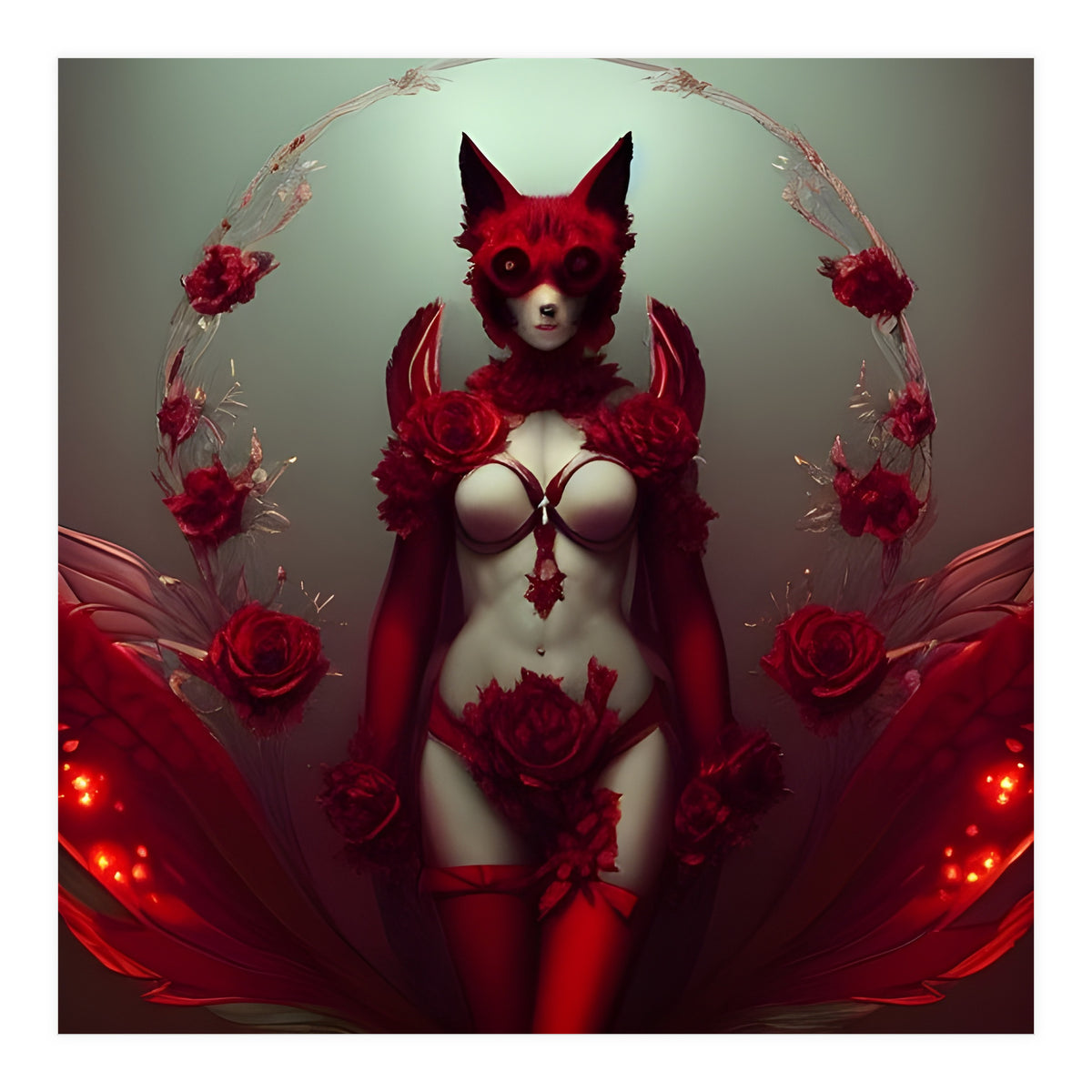 Red Floral Fox Vixen in Lingerie with Roses (Print Only)