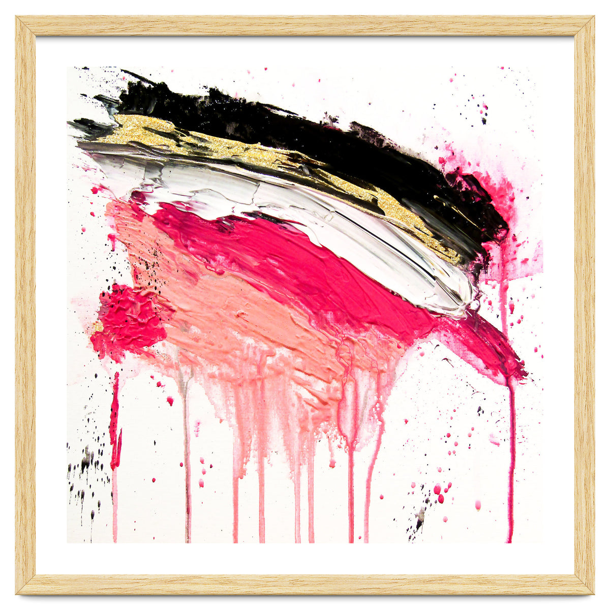 Modern Abstract Pink Black Gold Brushstrokes Splatters Acrylic