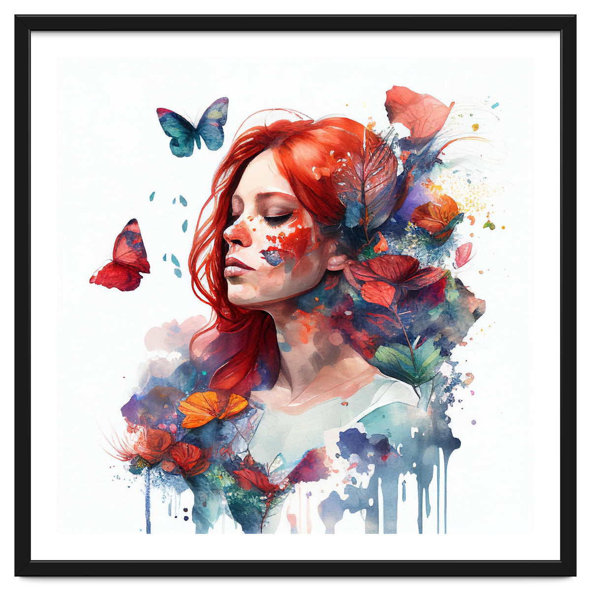 Watercolor Floral Red Hair Woman #2