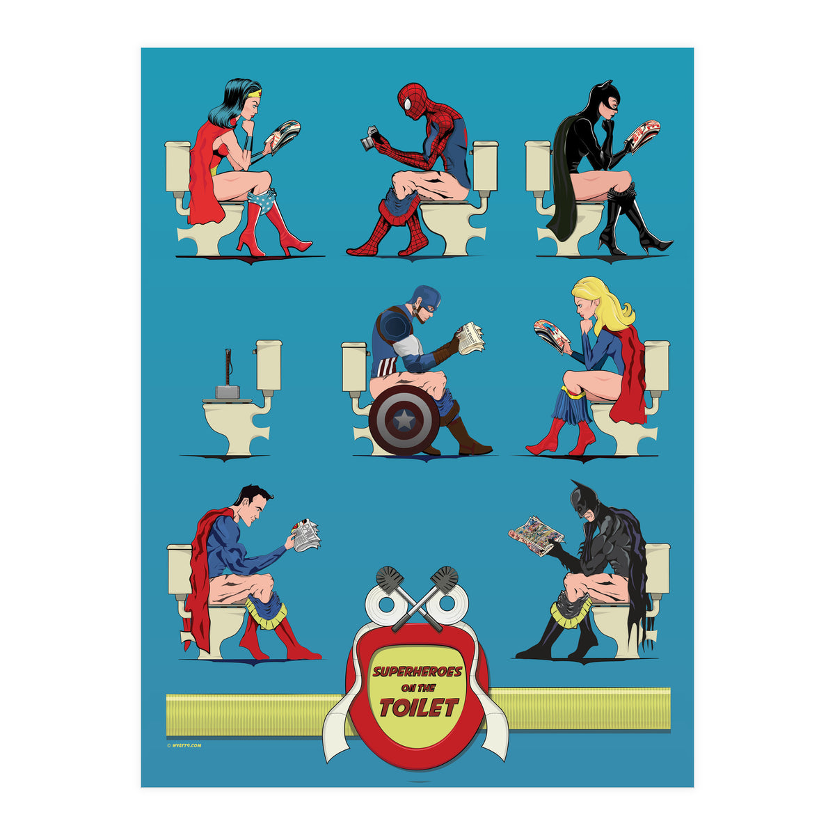 Superheroes on the Toilet, funny poo humour (Print Only)
