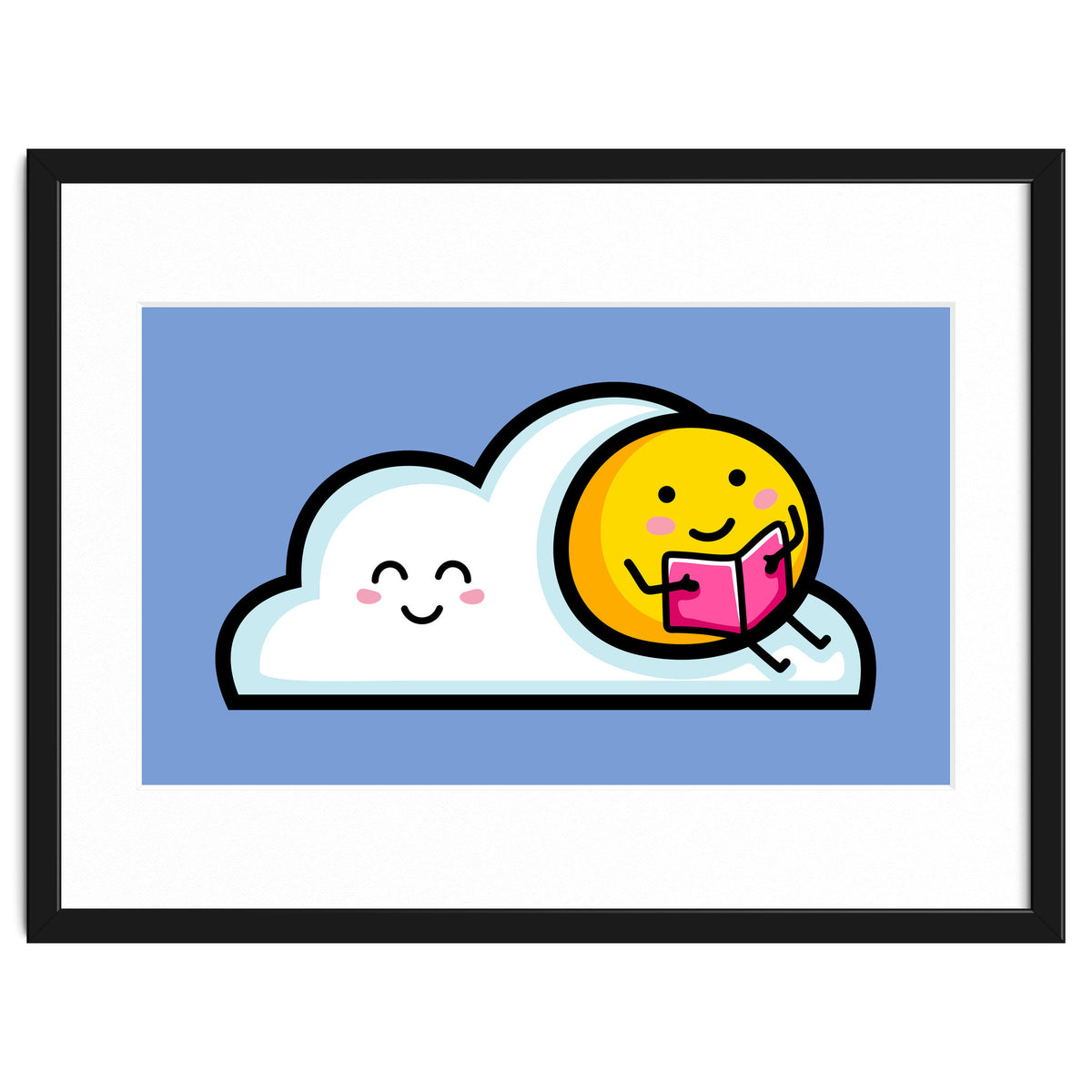 Kawaii Cute Sun Reading A Book On A Cloud