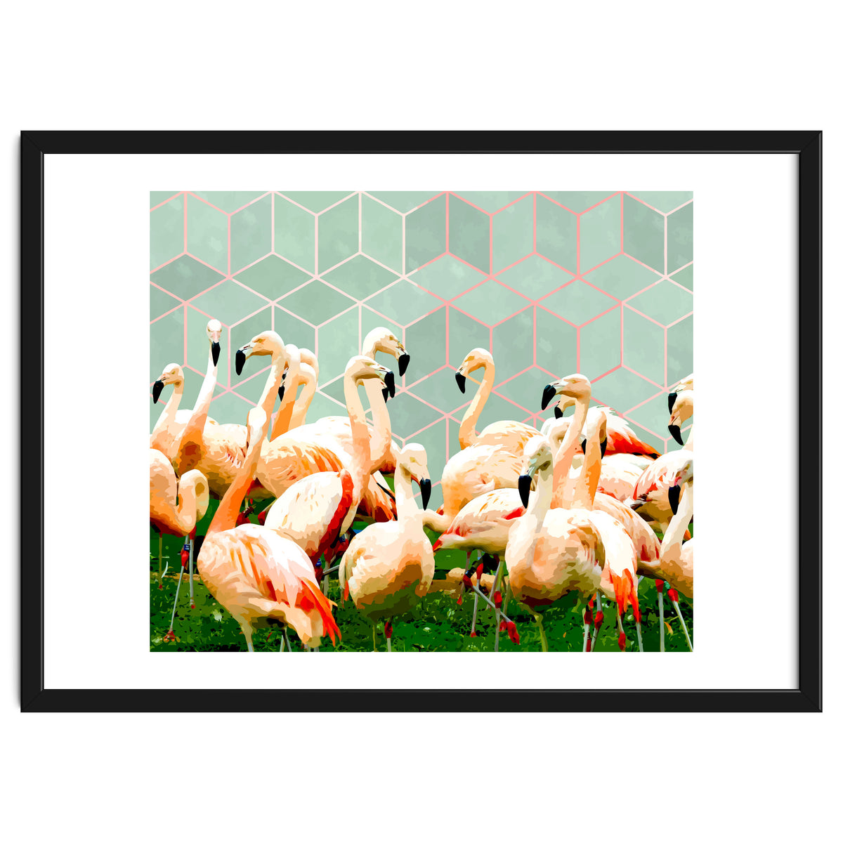Flamingle Abstract Digital, Flamingo Wildlife Painting, Birds Geometric Collage