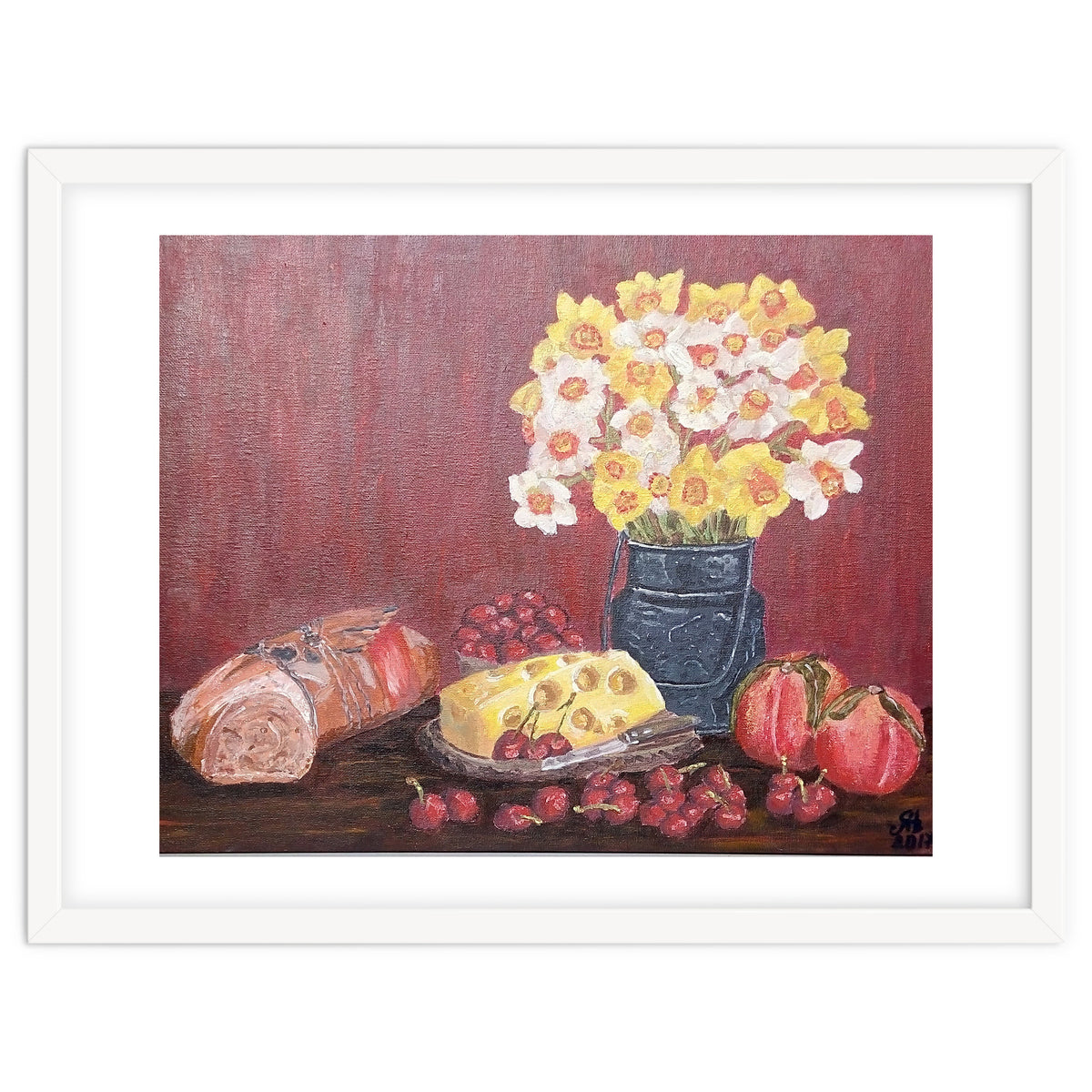Still life with cheese, daffodils on a red background.
