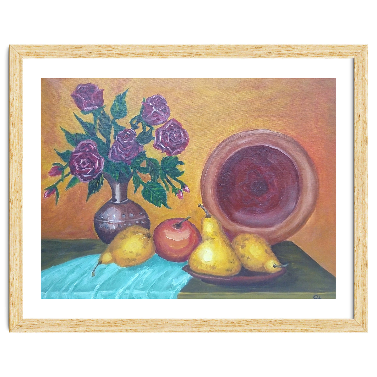 Still life with pears, roses and a dish.