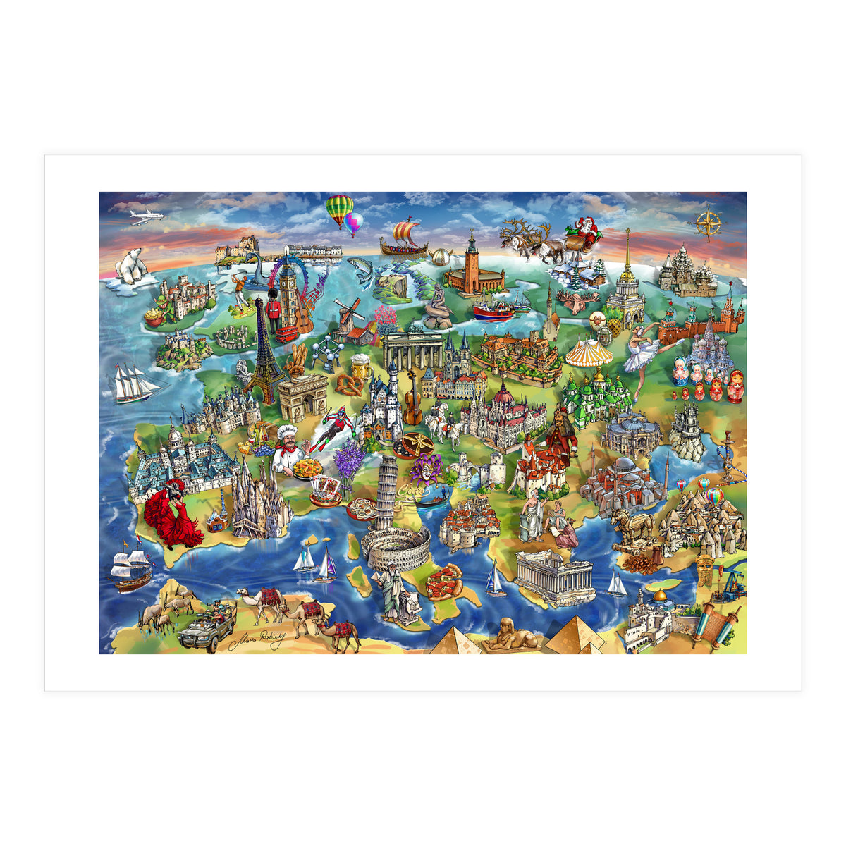 European World Wonders Illustrated Map (Print Only)